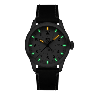 Air Pilot P-38 LIGHTNING, 42 mm, Pilotenuhr - 9527, Nachtansicht mit grünen und orangenen Leuchtröhren